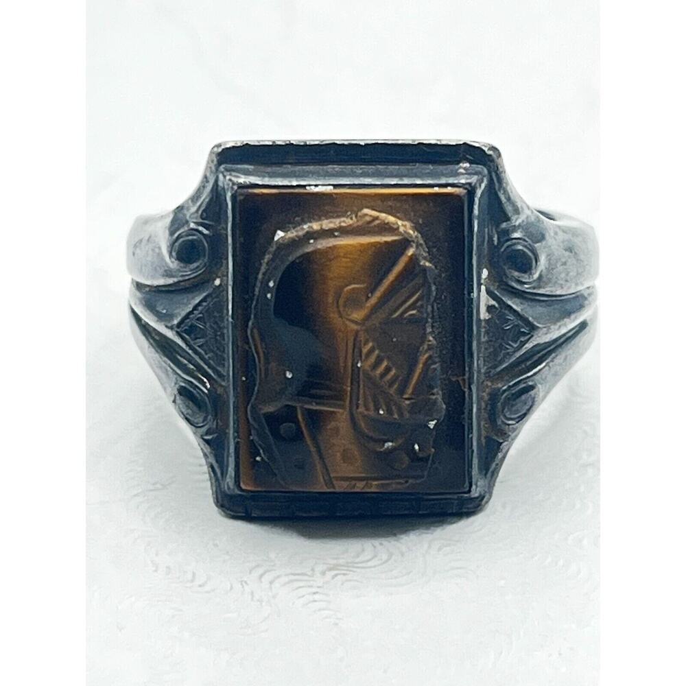 10K Solid Yellow Gold Mens Carved Hematite Roman Soldier Intaglio Cameo Rin Sz 9